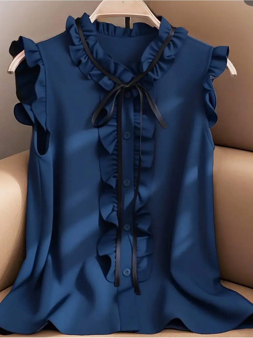 Ruffle Tie-Neck Sleeveless Blouse in Deep Blue - Women's Elegant Top